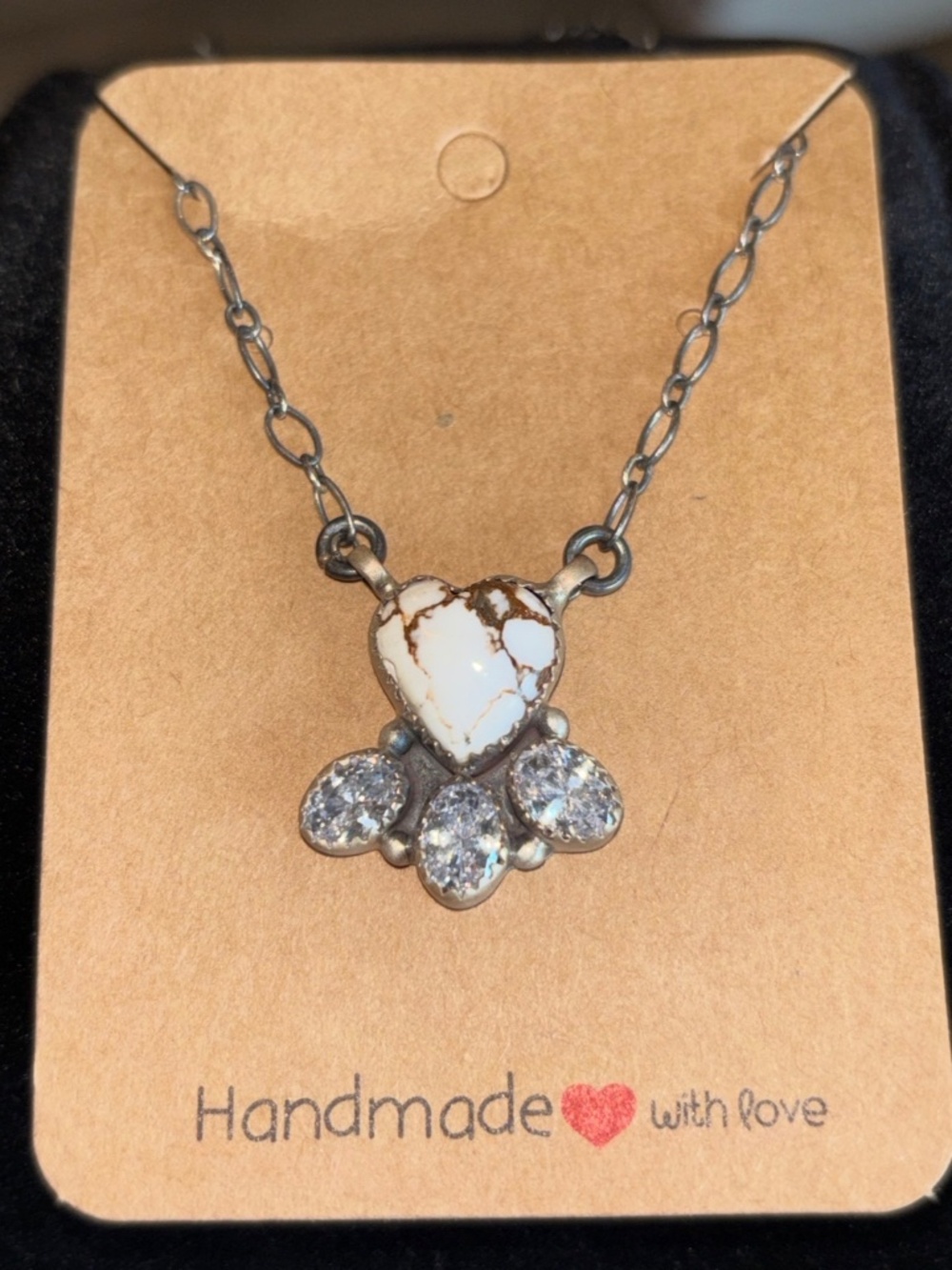 HEART in Wild/ White Horse Stone & CZ 20” Sterling Silver Necklace